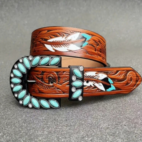 Turquoise and Brown Western Belt - Picture 2 of 3